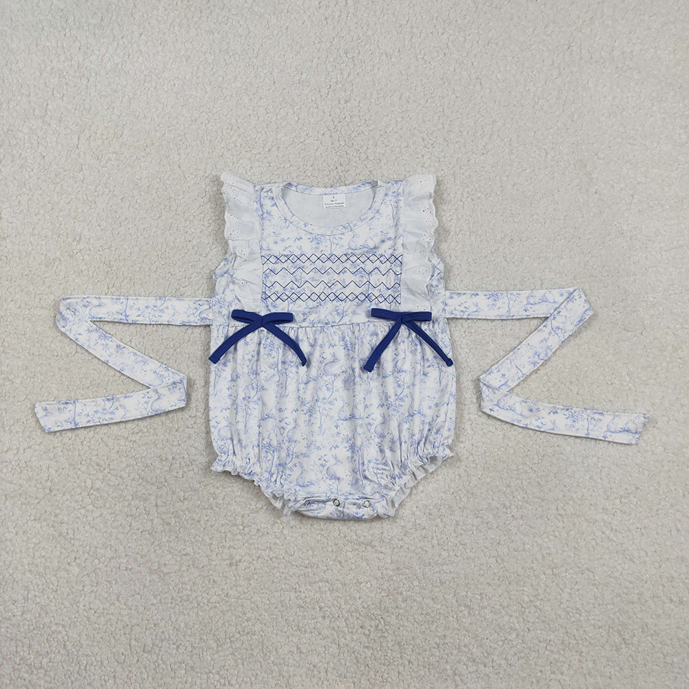 SR3219 Embroidery Bunny Flowers Blue Print Baby Girls Easter Ruffle Belt Romper