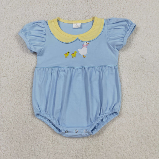 Baby Girl Duck Embroidery Romper - Light Blue Peter Pan Collar Bubble Onesie