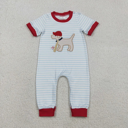 USA Shop Embroidery Dog Baseballs Baby Boys Stripe Team Romper