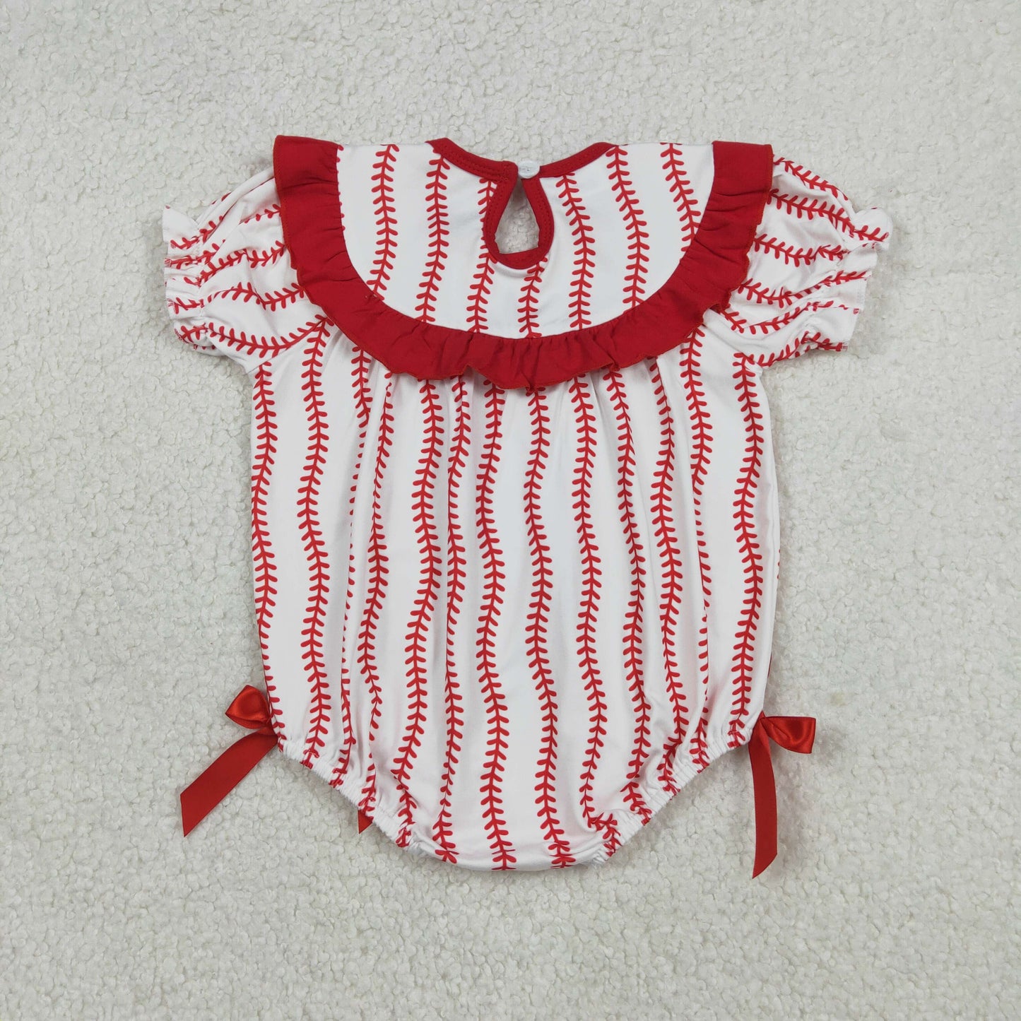 Smocked Baseballs Bows Baby Girls Red Stripe Team Ruffle Rompers