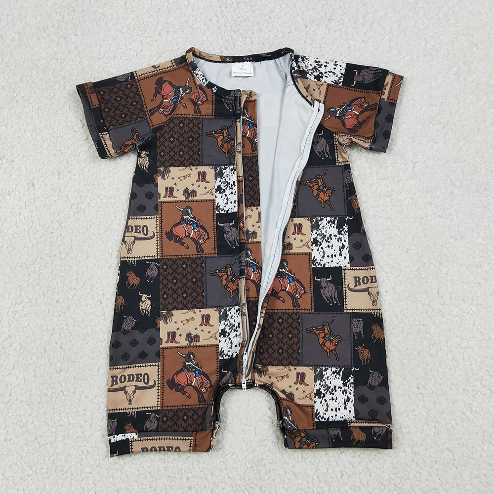 SR3545 RODEO Cows Aztec Print Baby Boys Summer Zipper Sleeper Romper
