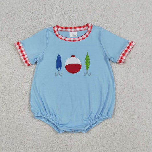 Toddler Boys Light Blue Fishing Lure Embroidery Bubble Romper with Red Gingham Trim