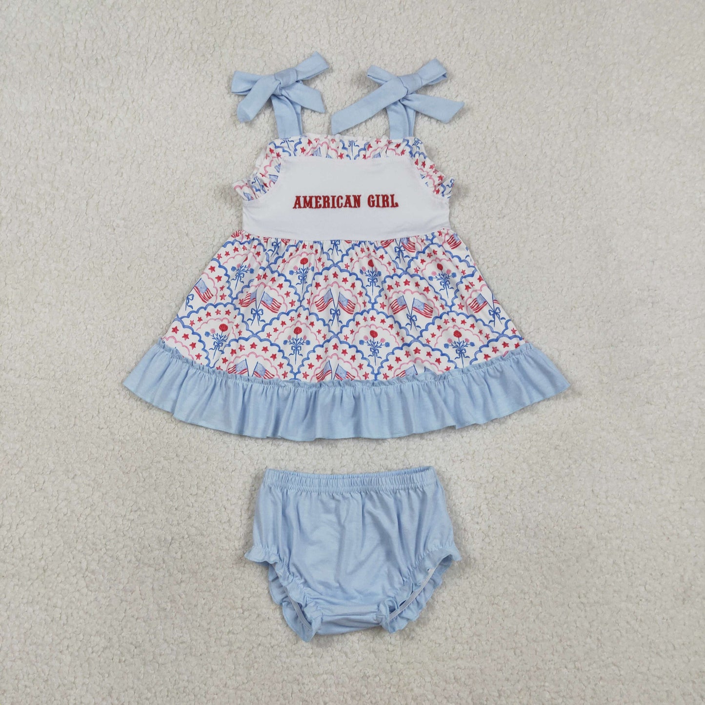 Sibling Baby Embroidery American Girls Bow Flags 4th of July Ruffle Bummies Set Knee Length Dress