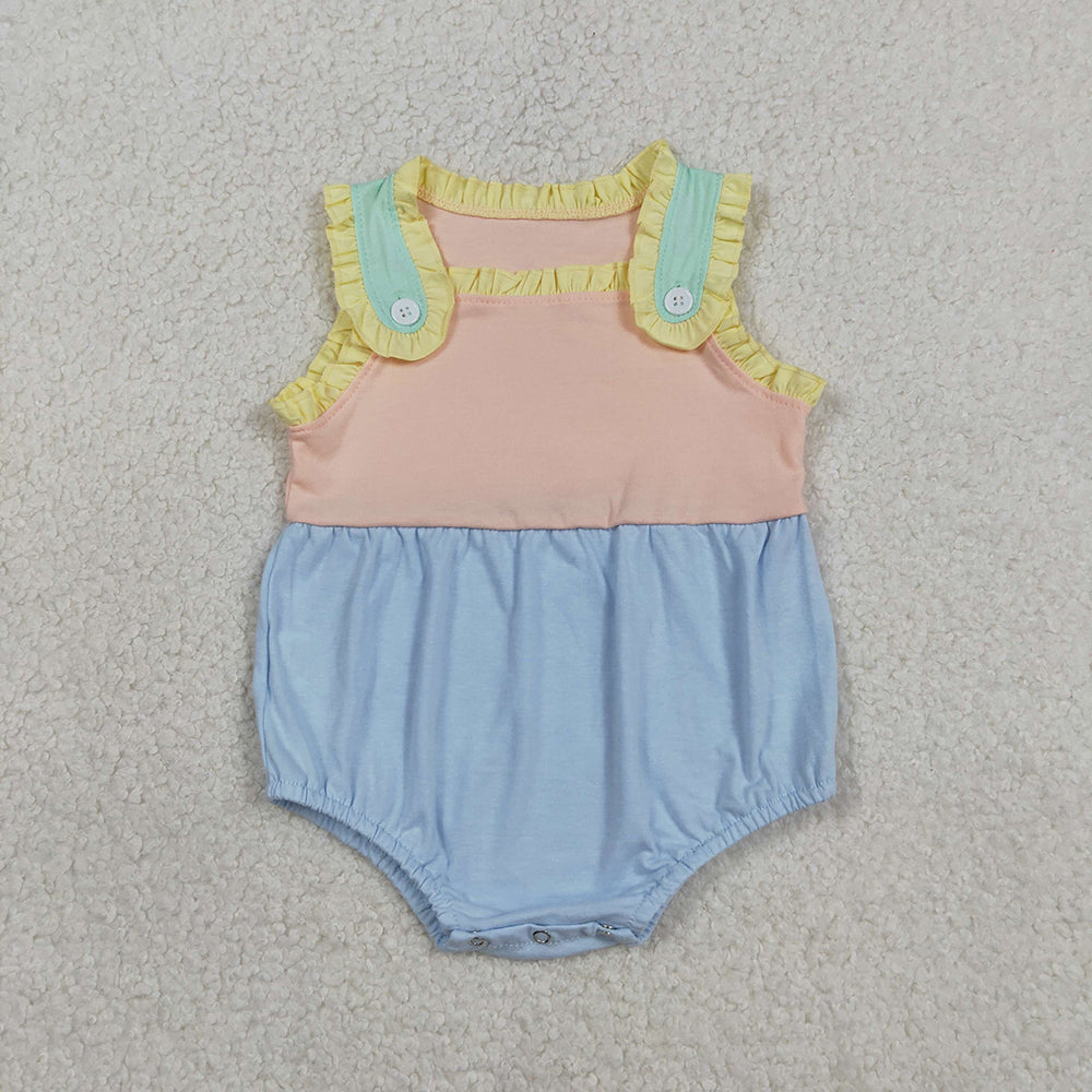 SR3772 Pink Blue Cotton Baby Girls Sleeveless Ruffle Summer Romper