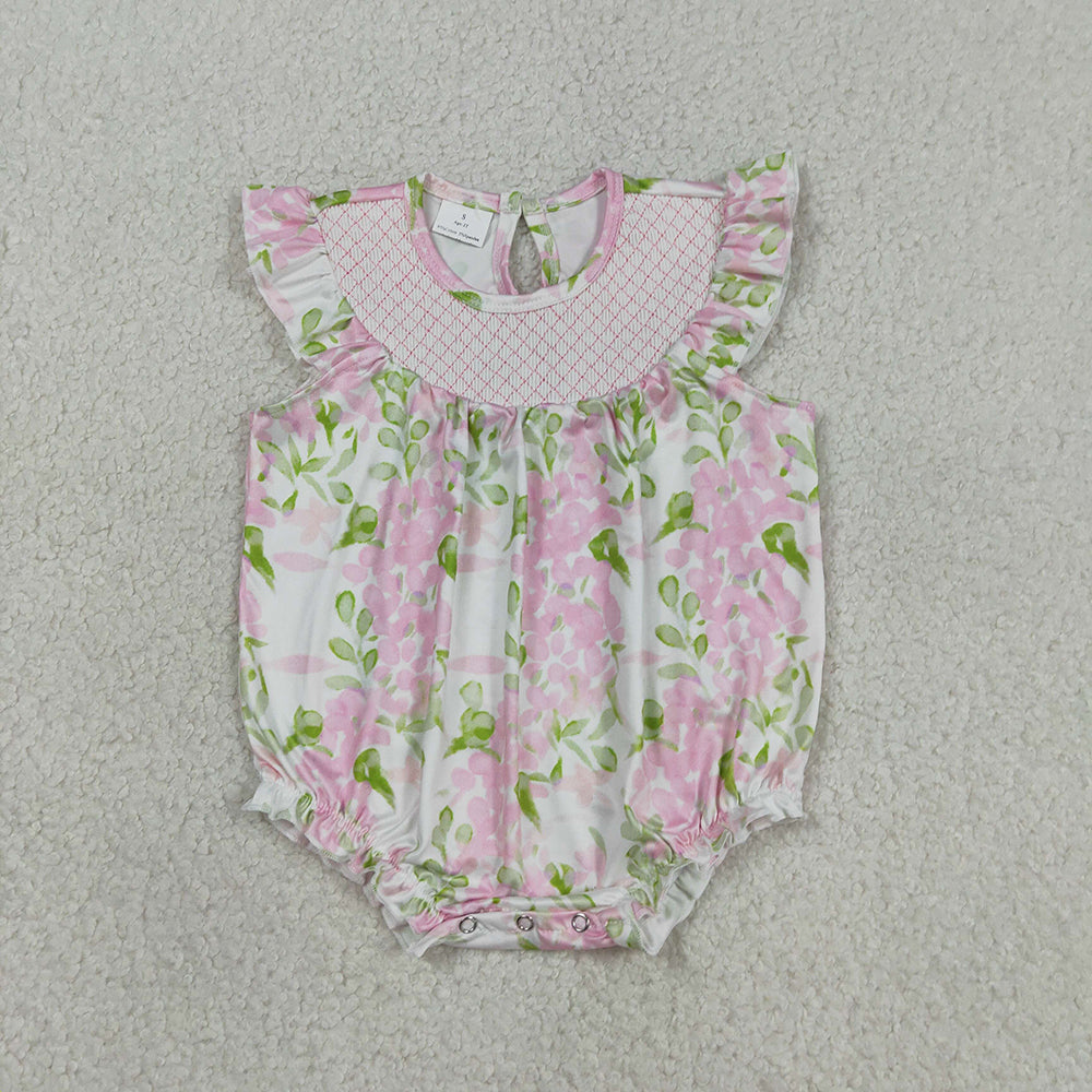 SR3805 Embroidery Flowers Print Ruffle Baby Girls Summer Smocked Romper