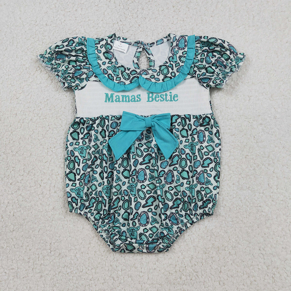 SR3863 Mama's Bestie Embroidery Turquoises Print Baby Girls Western Doll Collar Smocked Romper