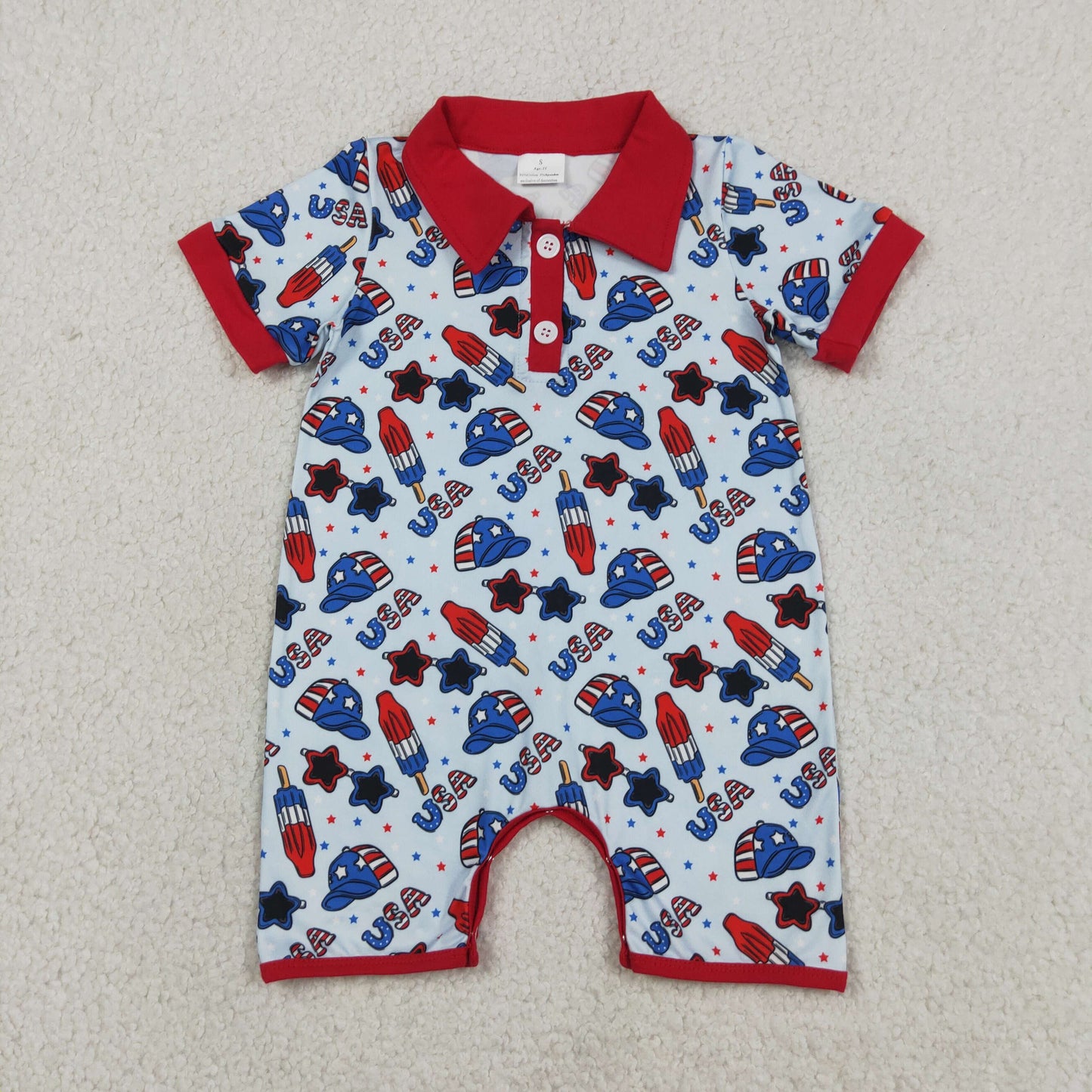 USA Hat Popsicle Stars Print Baby Boys 4th of July Polo Romper