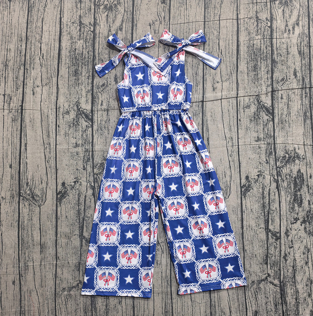 SR3875 Flag & Star Bow Blue Print Baby Girls 4th of July Strap Jumpsuits