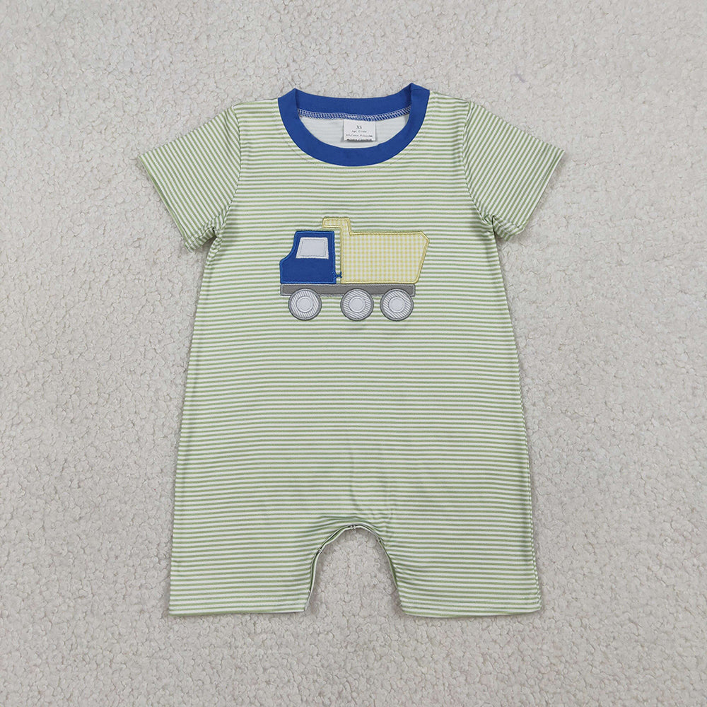 SR3893 Dump Truck Embroidery Stripes Print Baby Boys Summer Romper