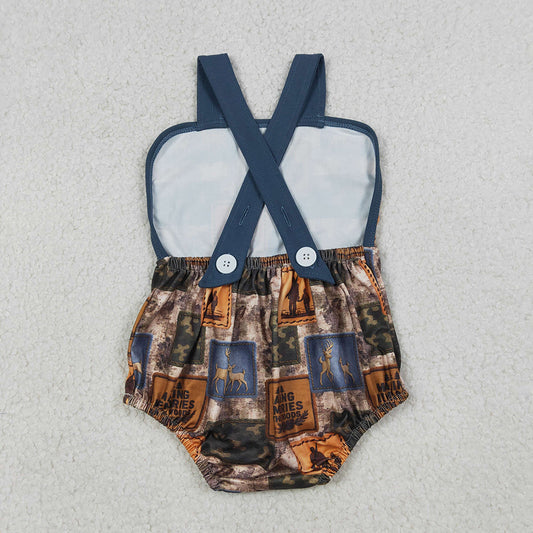 SR3925 Deer Camo Hunting Print Baby Boys Summer Strap Romper