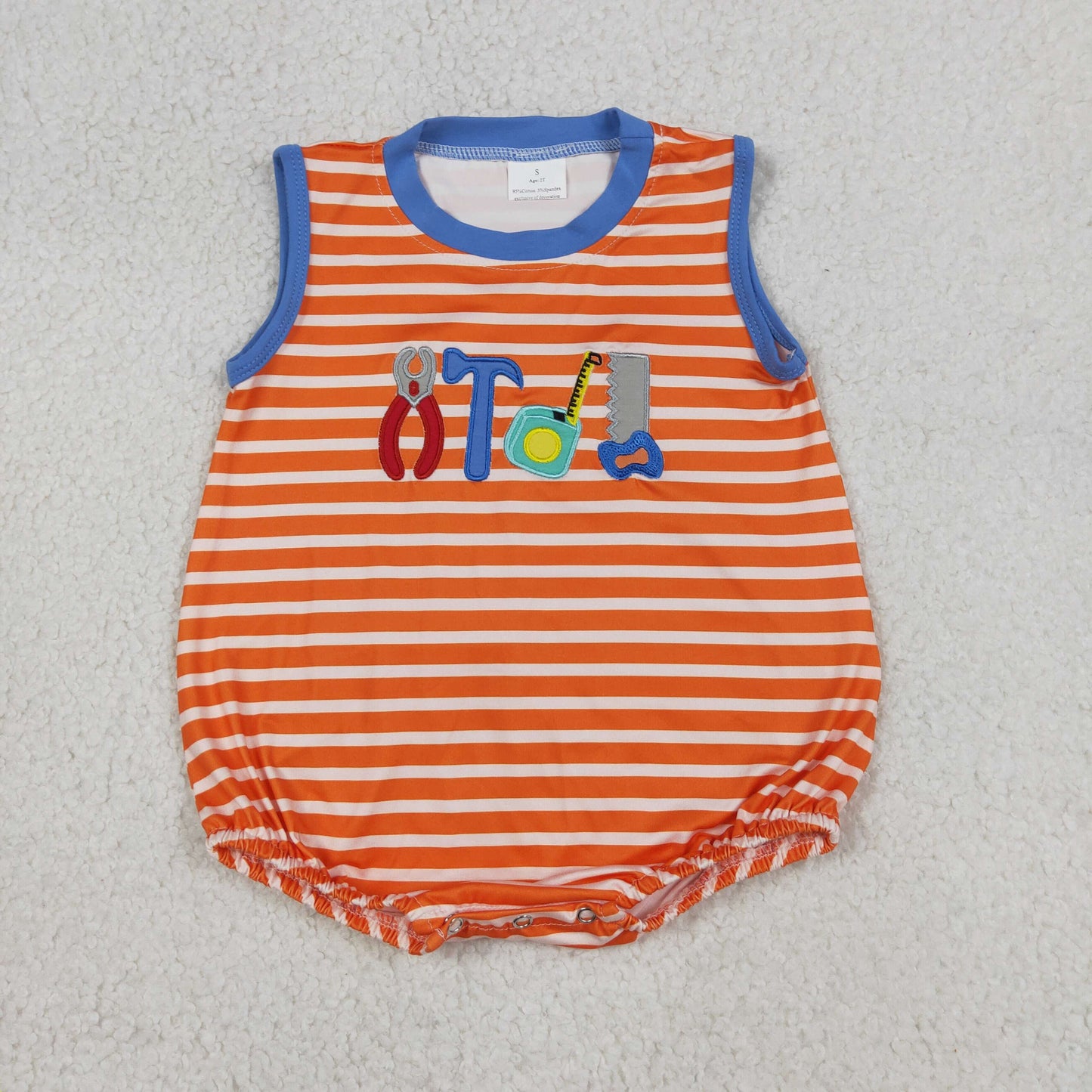 Baby Boys Tool Embroidery Bubble Romper, Infant Orange Striped Sleeveless Summer Outfit