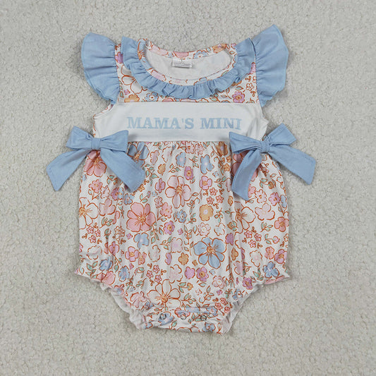 SR3973 Girls’ MAMA’S MINI Colorful Floral Romper with Blue Ruffle Bow Flutter Sleeves