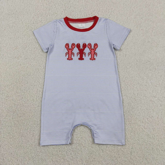 SR4007 Crayfish Embroidery Stripes Print Baby Boys Summer Romper