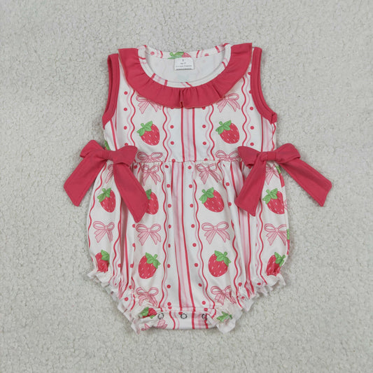 Baby Girls Strawberry Print Ruffle Bubble Romper, Infant Summer Outfit with Bows