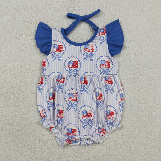 Patriotic American Flag Baby Girl Romper - 4th of July Ruffle Sleeve Halter Onesie