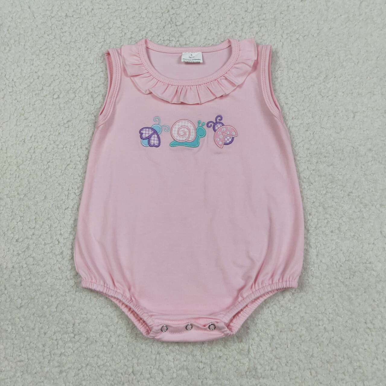 SR4037 Ladybirds Snails Embroidery Pink Cotton Baby Girls Sleeveless Romper