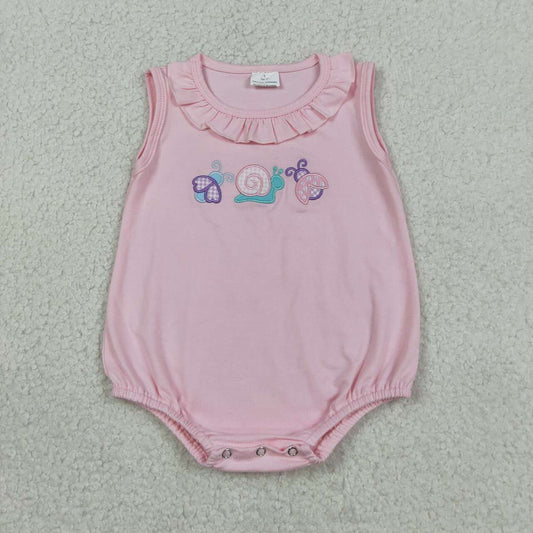 SR4037 Ladybirds Snails Embroidery Pink Cotton Baby Girls Sleeveless Romper