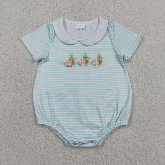 SR4081 Duck Embroidery Stripes Print Baby Boys Summer Doll Collar Romper