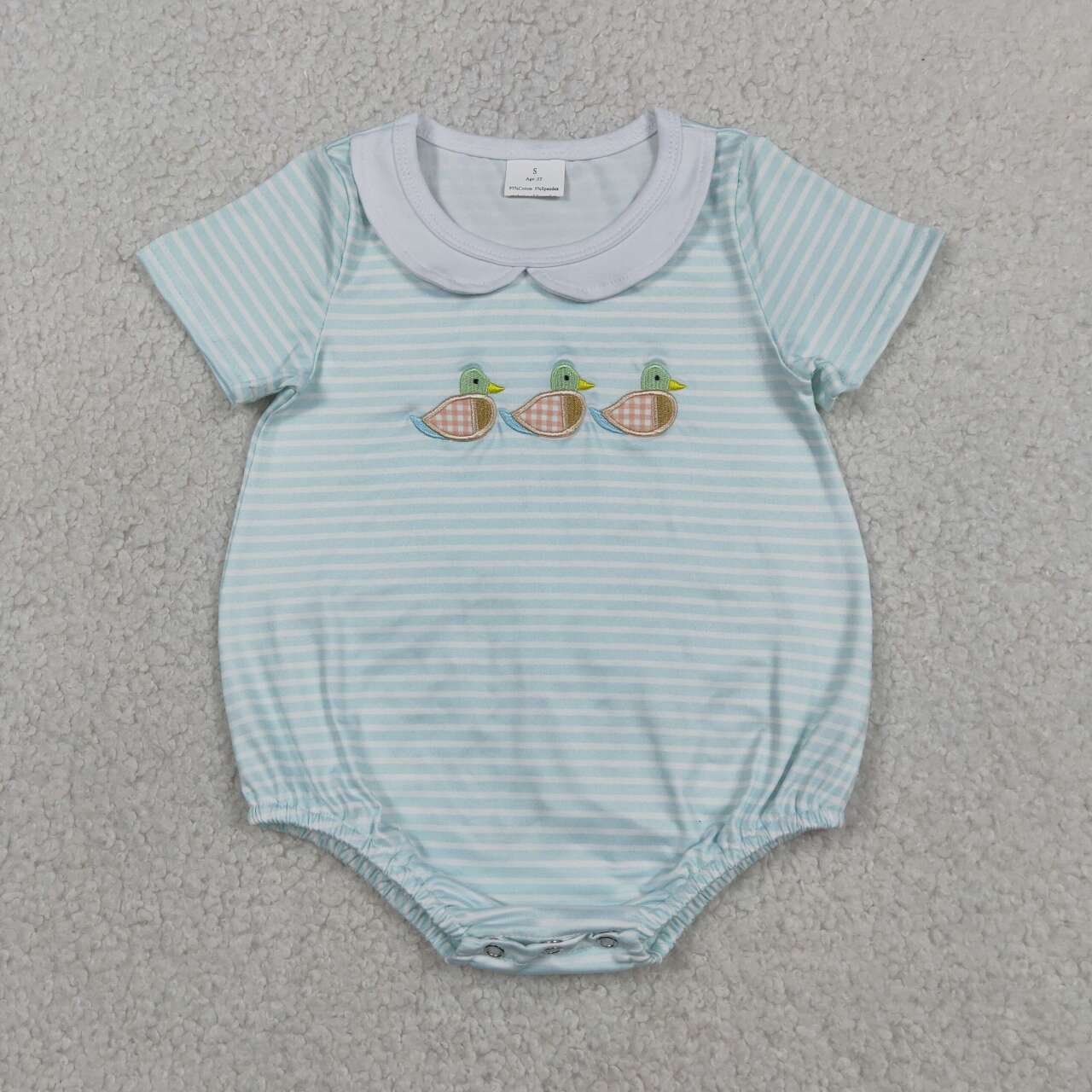 SR4081 Duck Embroidery Stripes Print Baby Boys Summer Doll Collar Romper
