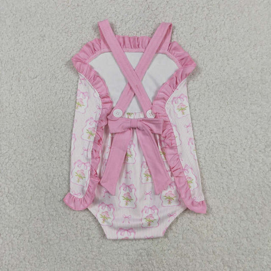 SR4112 Flowers Bows Stripes Pink Print Baby Girls Summer Strap Romper