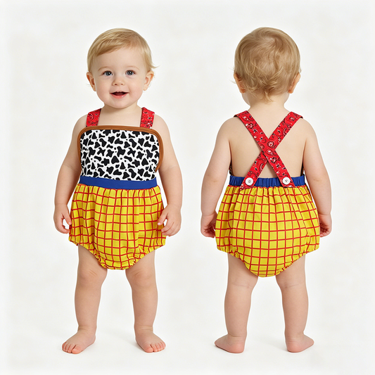 Cartoon Toy Cow Plaid Print Baby Summer Romper Sibling Matching Wear
