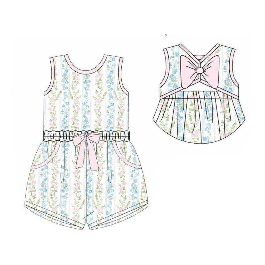 3.18 SR4119 Preorder Small Flowers Print Girls Summer Sleeveless Pockets Jumpsuits