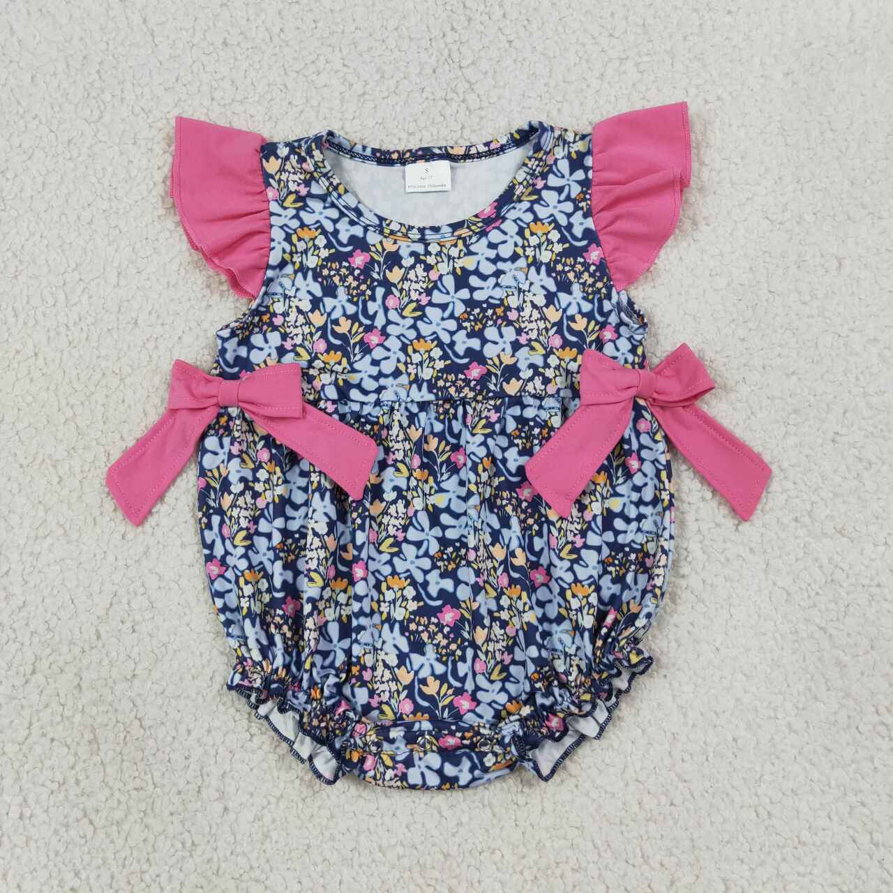 SR4126 Navy Floral Baby Girls Flutter Sleeve Bubble Romper