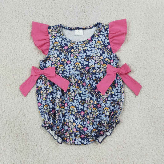 SR4126 Navy Floral Baby Girls Flutter Sleeve Bubble Romper
