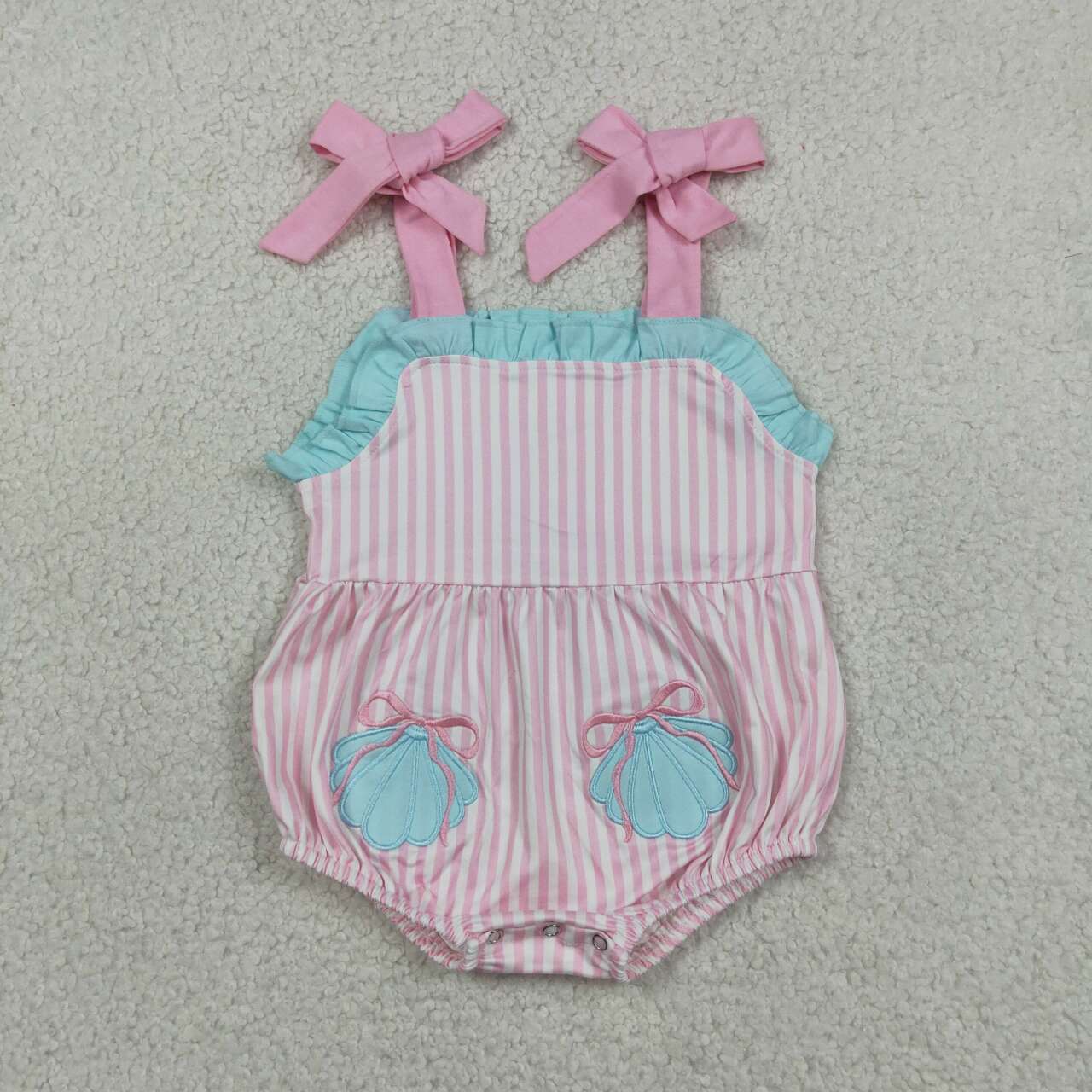 SR4127 Shell Embroidery Pink Stripes Baby Girls Summer Strap Romper