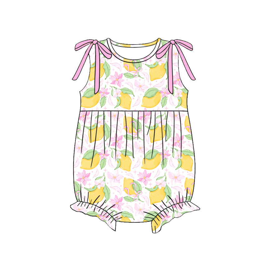 3.21 SR4137 Preorder Lemon Flowers Print Baby Girls Summer Sleeveless Romper