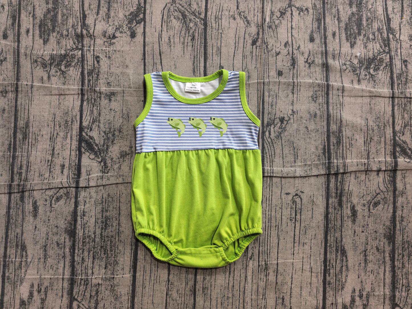 3.21 SR4139 Preorder Fish Stripes Green Print Baby Boys Summer Sleeveless Romper