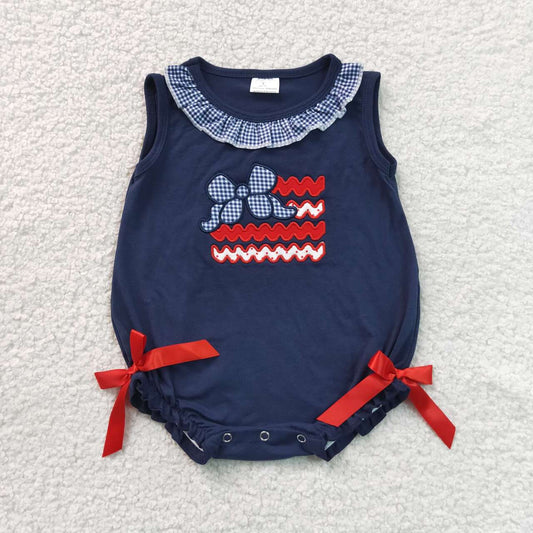 SR4152 Bow Flag Embroidery Navy Baby Girls Sleeveless 4th of July Romper