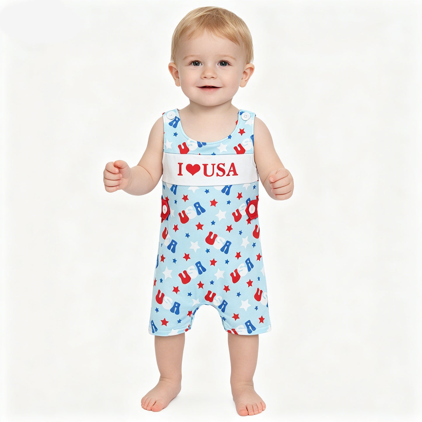 Sibling 4th of July Boys Outfits - "I Love USA" Print Shirt Set & Romper