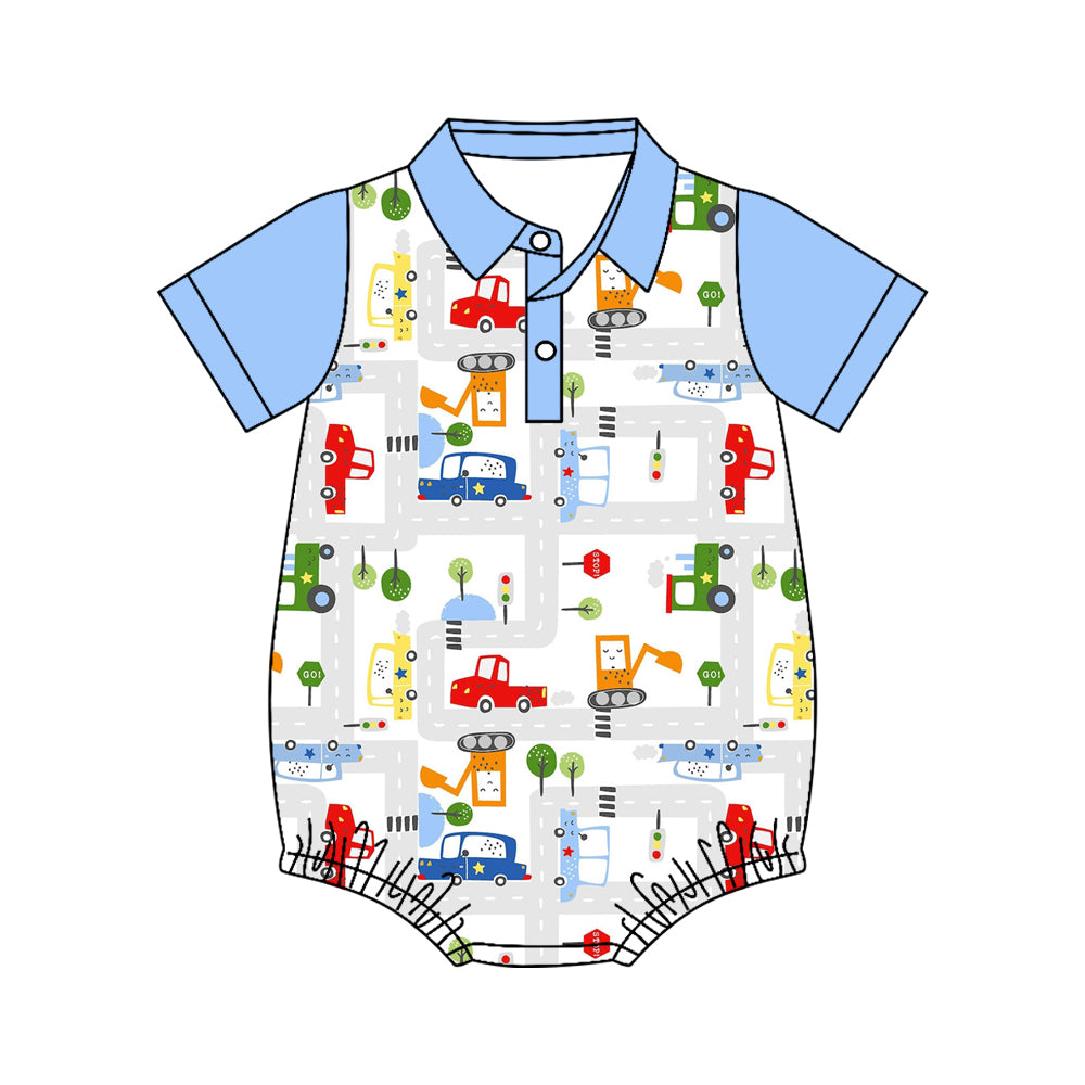 4.11 SR4177 Preorder Construction Trucks Print Baby Boys Summer Romper