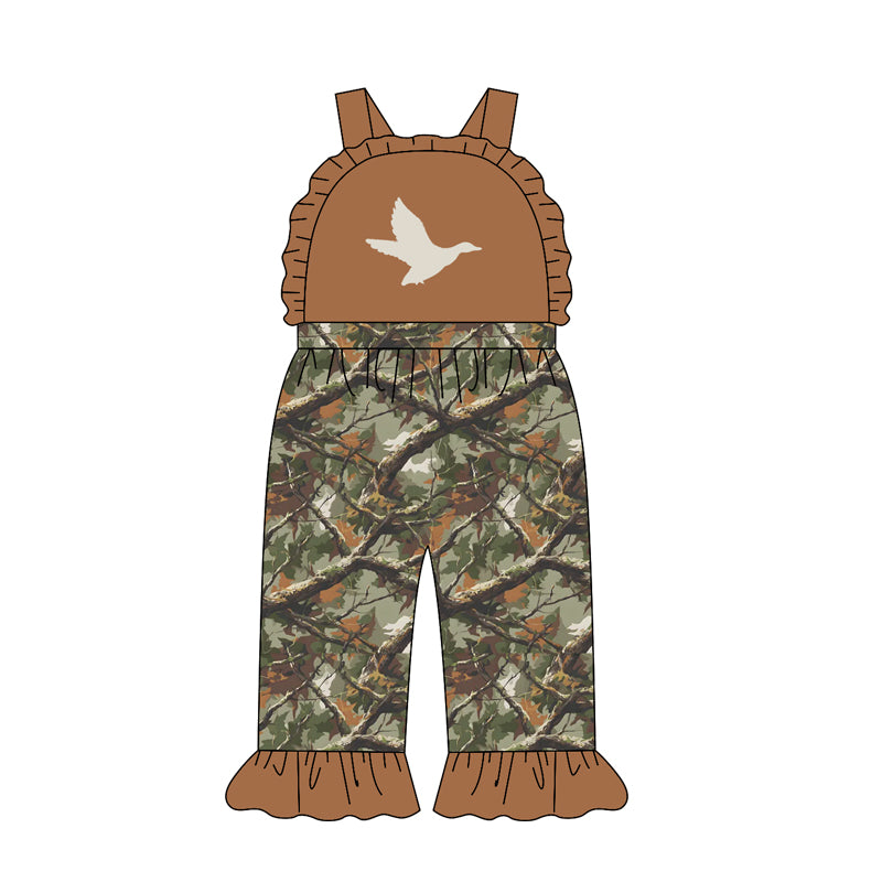4.21 Toddler Girl Duck Hunting Overalls Camo Tree Ruffle Hem Jumpsuit Preorder