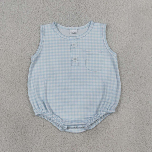 SR4232 Blue Checkerd Baby Boys Sleeveless Bubble Pocket Romper