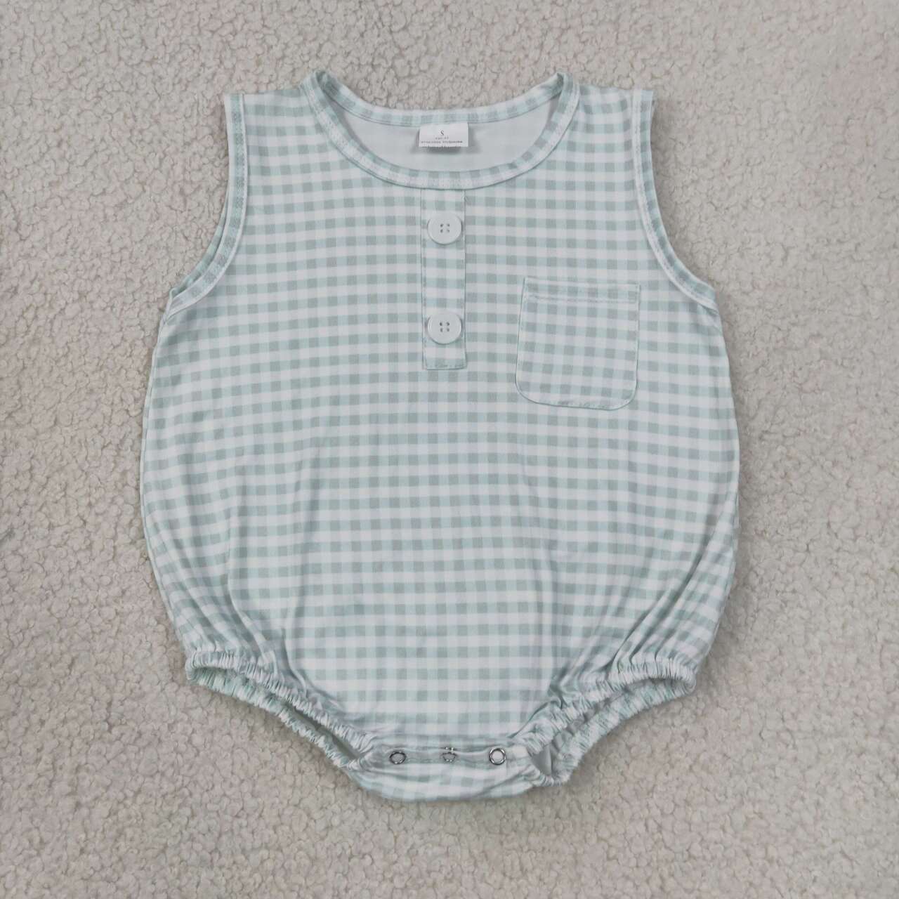 SR4234 Light Green Checkerd Baby Boys Sleeveless Bubble Pocket Romper