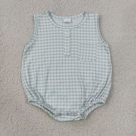 SR4234 Light Green Checkerd Baby Boys Sleeveless Bubble Pocket Romper