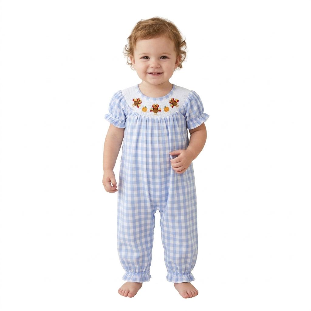 SR4276 Turkey Pumpkin Embroidery Blue Checkered Print Baby Girls Thanksgiving Smocked Romper