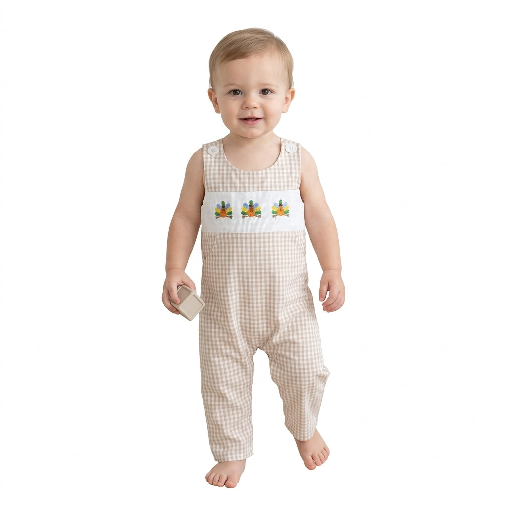 SR4277 Turkey Embroidery Plaid Print Baby Boys Thanksgiving Sleeveless Pockets Romper