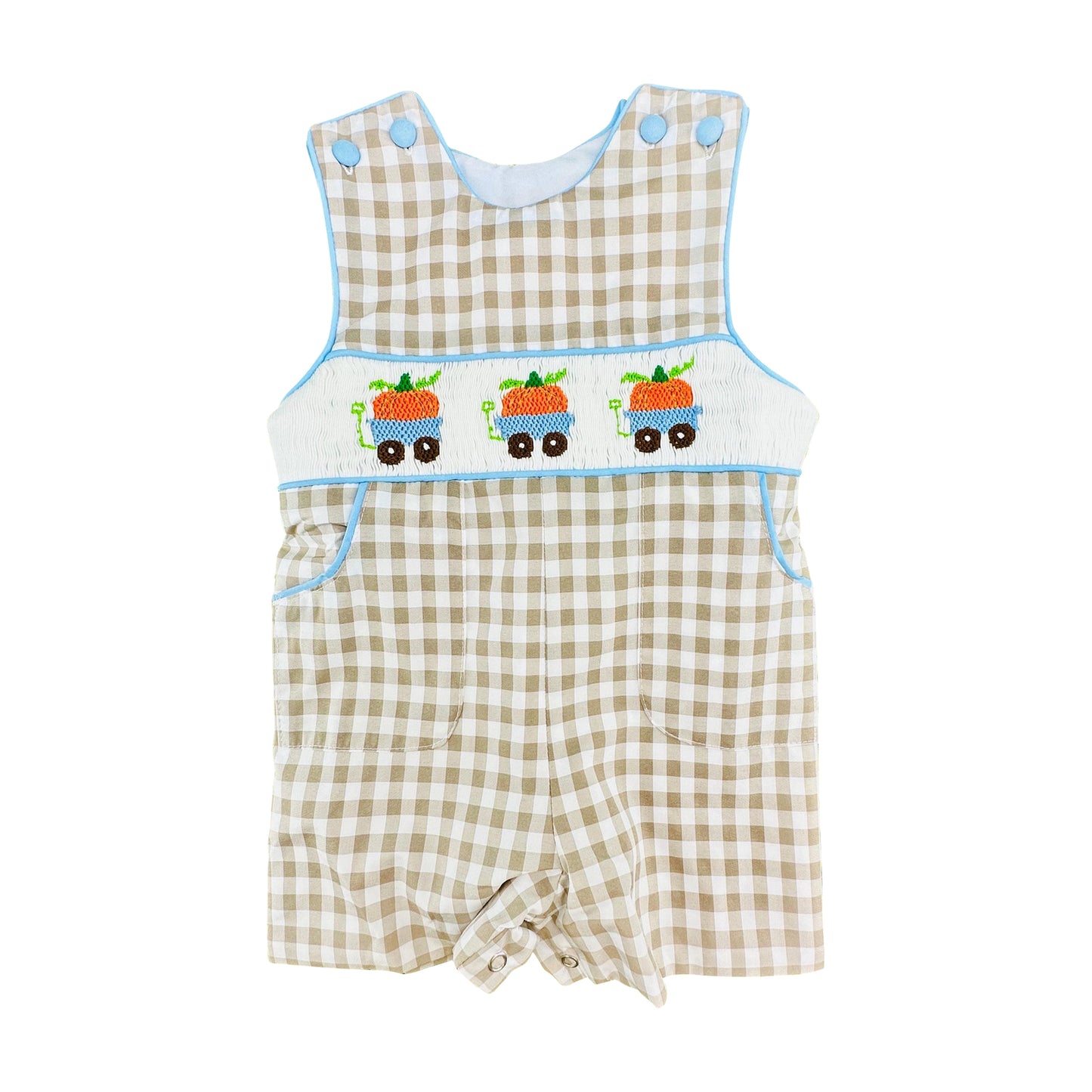 5.29 Preorder Baby Boys Pumpkin Truck Gingham Romper