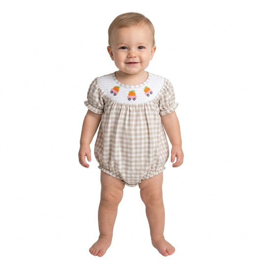 SR4280 Pumpkin Truck Embroidery Gingham Baby Girls Bubble Smocked Romper