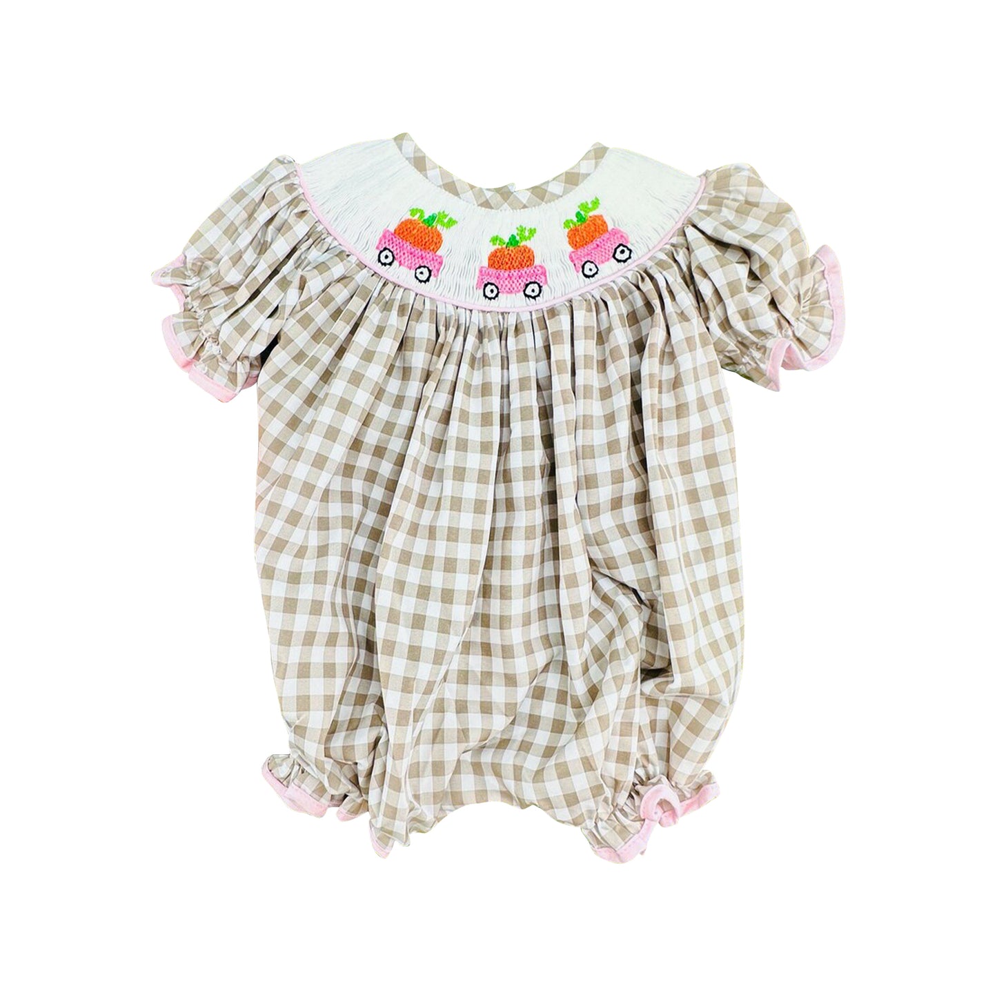 5.29 Preorder Baby Girls Pumpkin Truck Gingham Bubble Romper