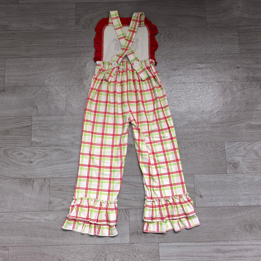 6.29 SR4282 Preorder Green Frog Plaid Baby Girls Strap Christmas Jumpsuits