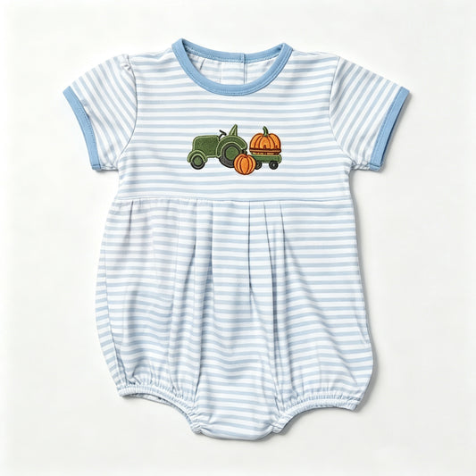 7.11 Preorder Baby Boys Pumpkin Truck Blue Strtiped Bubble Romper