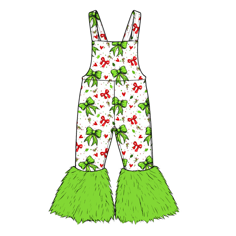 8.22 SR4294 Preorder Green Frog Bows Print Girls Christmas Fur Suspender Bell Bottom Pants Overalls Jumpsuits