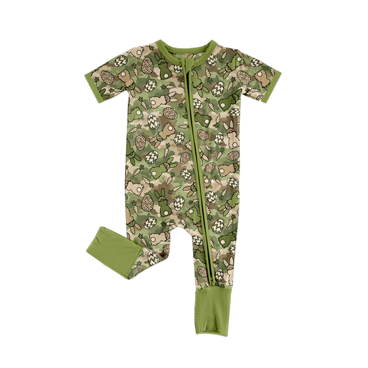 9.1 SR4301 Preorder Bunny Eggs Green Camo Print Baby Boys Easter Zipper Sleeper Romper