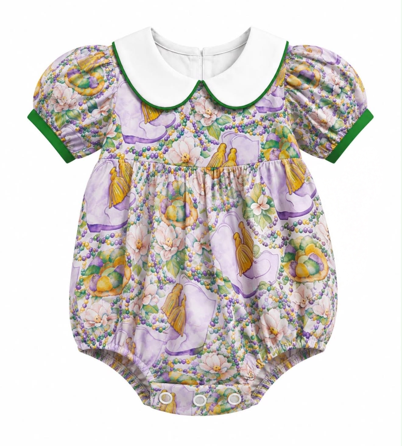 9.1 SR4302 Preorder Baby Girls Mardi Gras Boots Peter Pan Collar Bubble Romper