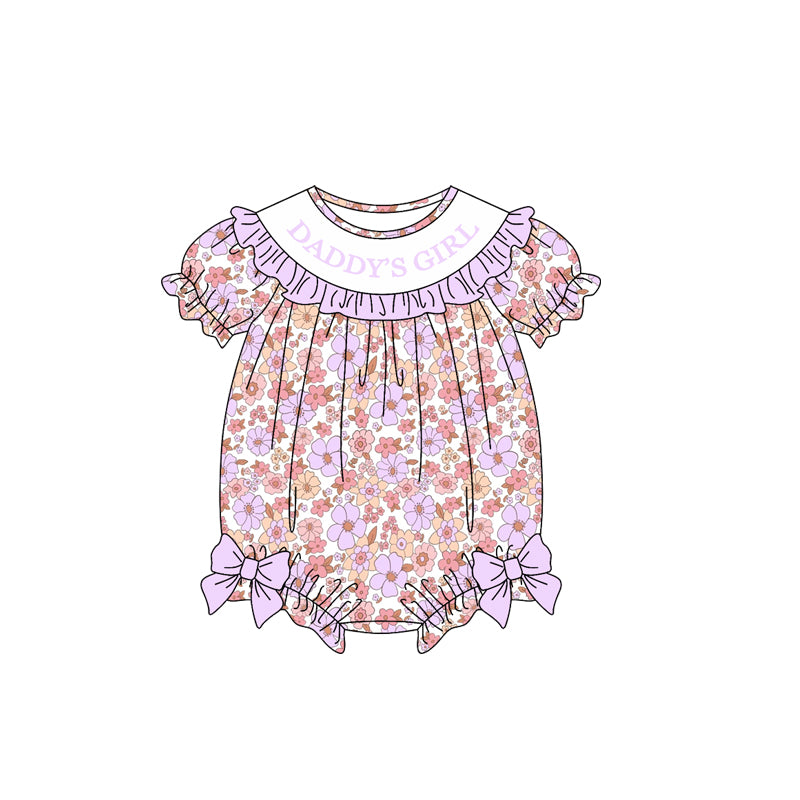 9.18 SR4323 Preorder Daddy's Girl Violet Pink Flowers Print Baby Girls Summer Romper