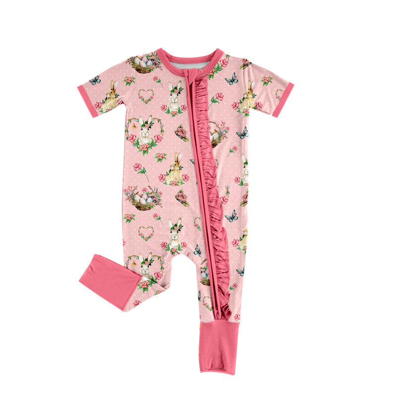 10.10 SR4342 Preorder Baby Girls Easter Bunny Short Sleeve Zipper Romper